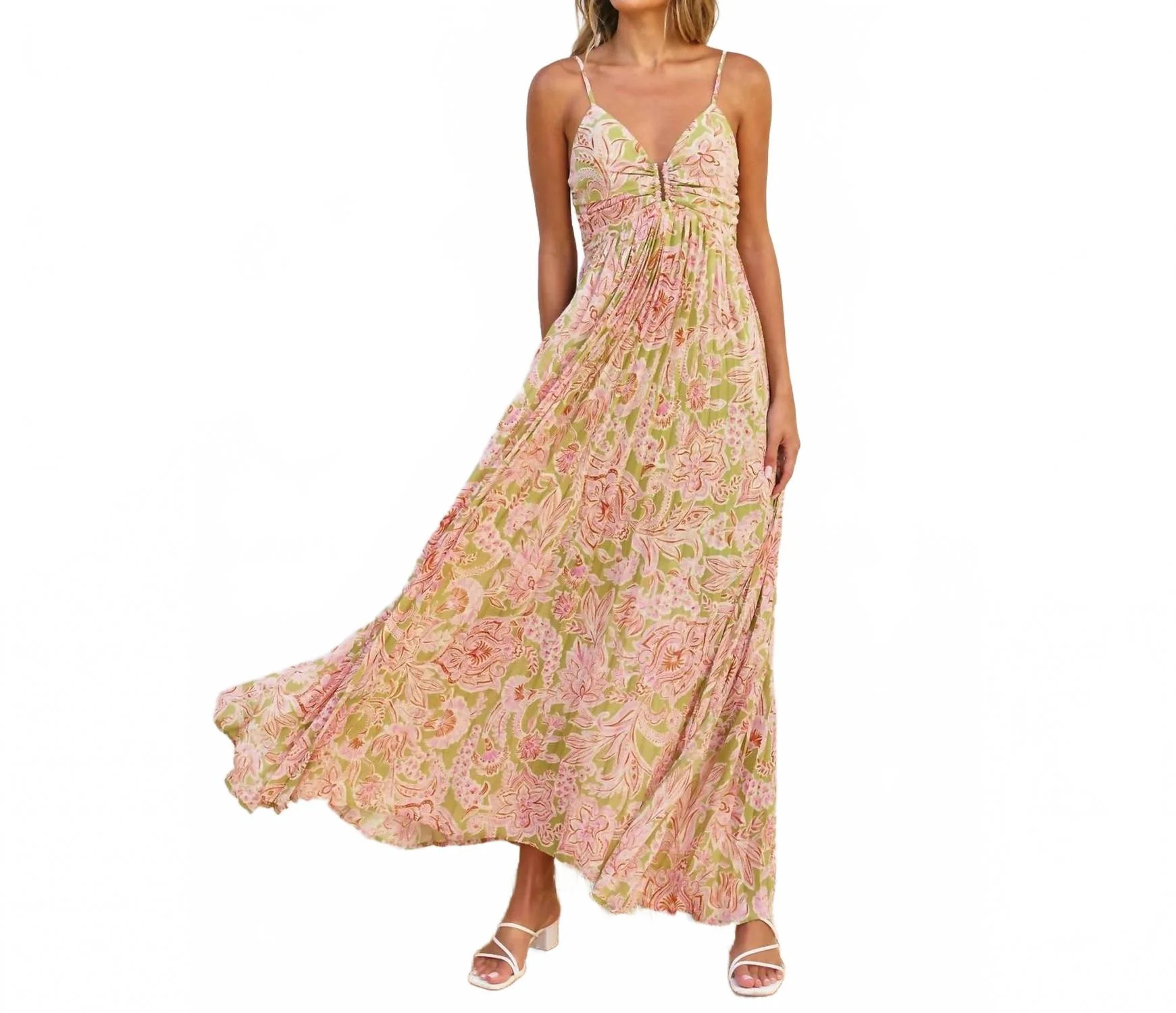 Lilly Bloom Pleated Maxi Dress In Green And Mauve | Shop Simon