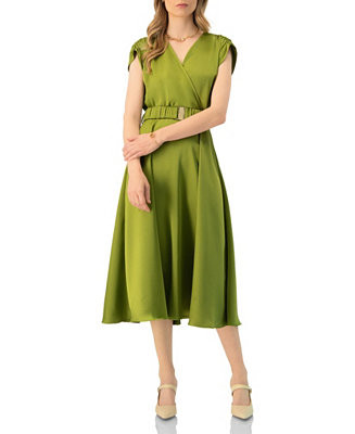 Women's Sleeveless Midi Satin Dress with Belt | Macy's