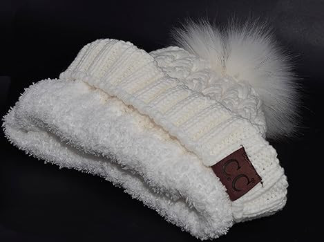 C.C Women’s Winter Cable Fleece Lining Ribbed Beanie Braided Knit Crossover Stitch Chunky Fur P... | Amazon (US)