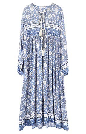 R.Vivimos Women's Long Sleeve Floral Print Retro V Neck Tassel Bohemian Midi Dresses | Amazon (US)