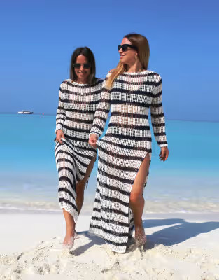 Labelrail x Collyer Twins striped knit column dress in white and navy | ASOS (Global)