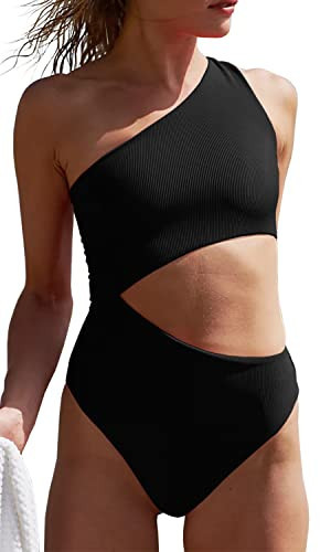 Women's One Piece Ribbed Swimsuit One Shoulder Cutout Swimwear Sexy Bathing Suit Black | Amazon (US)