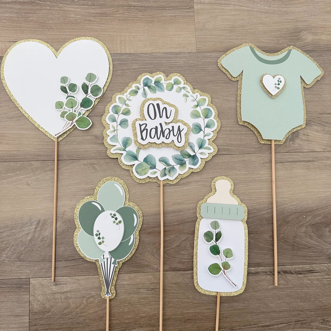 Sage Green Baby Shower Party Props - Set of 5 on Sticks - Eucalyptus Leaves, Heart, Bottle, Onesi... | Etsy (US)