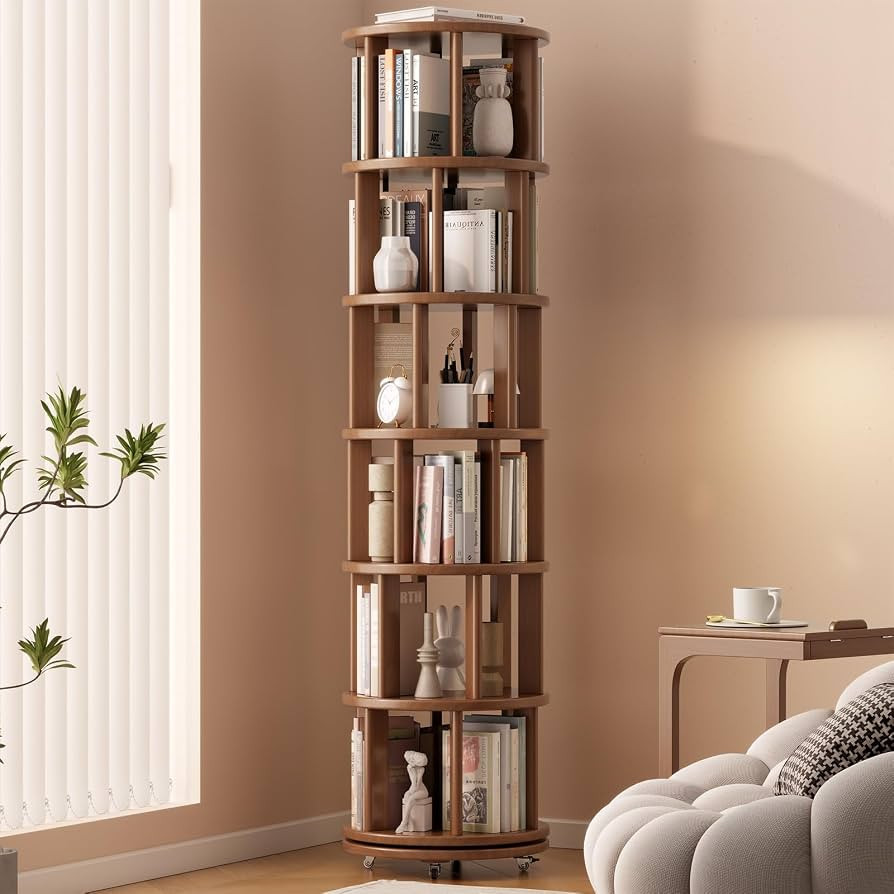 Solid Wood Rotating Bookshelf with Brake Wheels, 360° Display 6 Tier Floor Stackable Spinning Bo... | Amazon (US)
