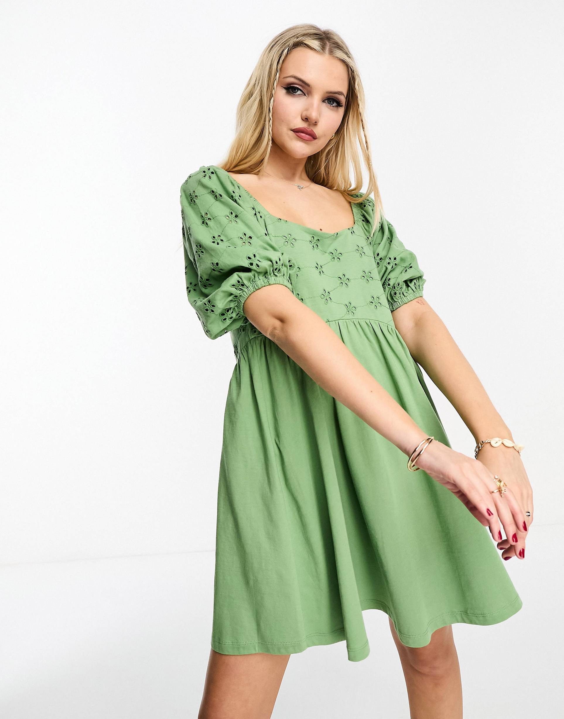 ASOS DESIGN broderie mini smock dress with curve seam in light khaki | ASOS (Global)