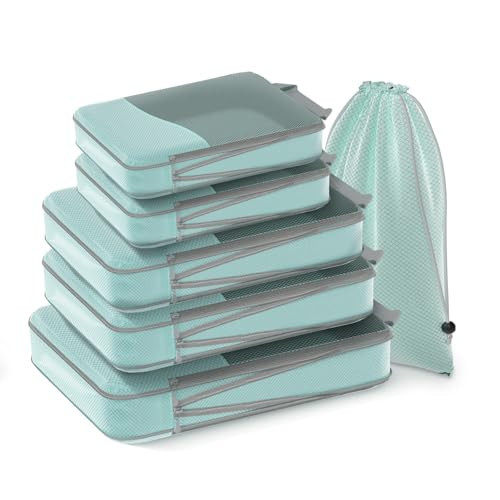 HWAEYEM Compression Packing Cubes 6 Set, Dual Zipper Compression Packing Cubes for Travel, See-Through Mesh Packing Bags for Suitcases, packing cubes with shoe bag | Amazon (US)