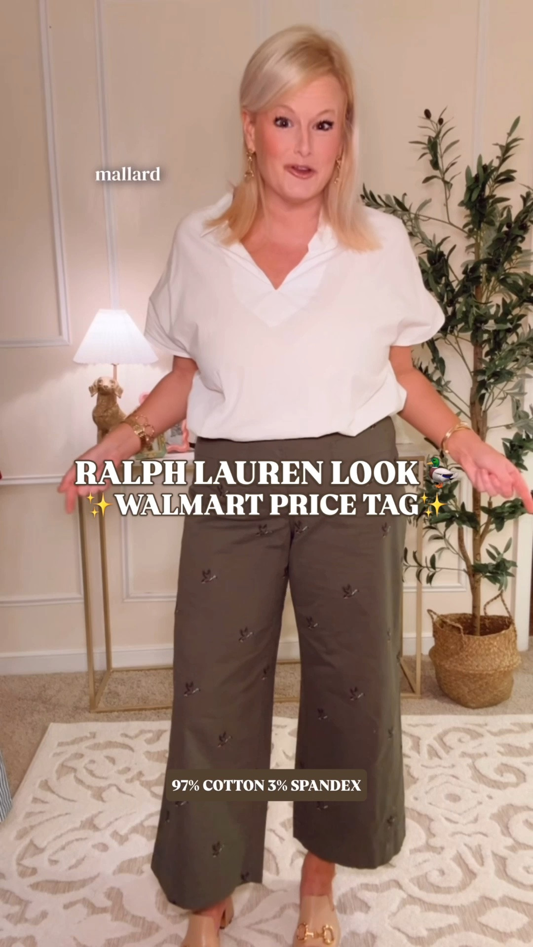 Ralph Lauren look for less | Walmart embroidered duck pants | heritage prep fall outfit | Free Assembly pants

These embroidered mallard pants look like they sauntered directly out of a Ralph Lauren fall catalog, then landed on Walmart for way less.

The designer connection is so specific: tiny flying ducks scattered across dark olive cotton, a menswear-inspired color story and that collected sporting club look Ralph Lauren does so well. They capture the heritage Americana visual language of the embroidered mallard look Ralph Lauren has been doing for decades. 

Free Assembly made the silhouette incredibly wearable with a high rise, fitted hip, relaxed cropped wide leg and four patch pockets. The half back elastic waistband adds ease, while the button-and-zip closure and belt loops keep them polished. They are 97% cotton with 3% elastane, machine washable and approximately 26 inches at the inseam.

I’m usually a size 6 and wearing the medium. They run a little generous, so I would size down if you are between sizes.

Pair them with a white popover now, then add a cable knit sweater, blazer, loafers or barn jacket for teacher outfits, casual work outfits, football weekends, Thanksgiving and everyday preppy fall outfits. These are statement pants with enough styling range to earn repeat wear all season.

Walmart fall fashion, Walmart finds, Walmart style, Free Assembly new arrivals, embroidered duck pants, mallard pants women, olive green pants women, cropped wide leg pants, high waisted pants, patch pocket pants, Ralph Lauren inspired outfit, Ralph Lauren look for less, heritage prep style, heritage fall outfit, equestrian style women, country club style, teacher outfits women, business casual workwear, fall outfits women, preppy fall fashion

#LTKFindsUnder50 #PreppyStyle #WalmartFinds #WalmartStyle #LookForLess #RalphLauren #FallOutfits #TeacherOutfits #WorkOutfits #HeritagePrep

#LTKSeasonal #LTKWorkwear #LTKootd