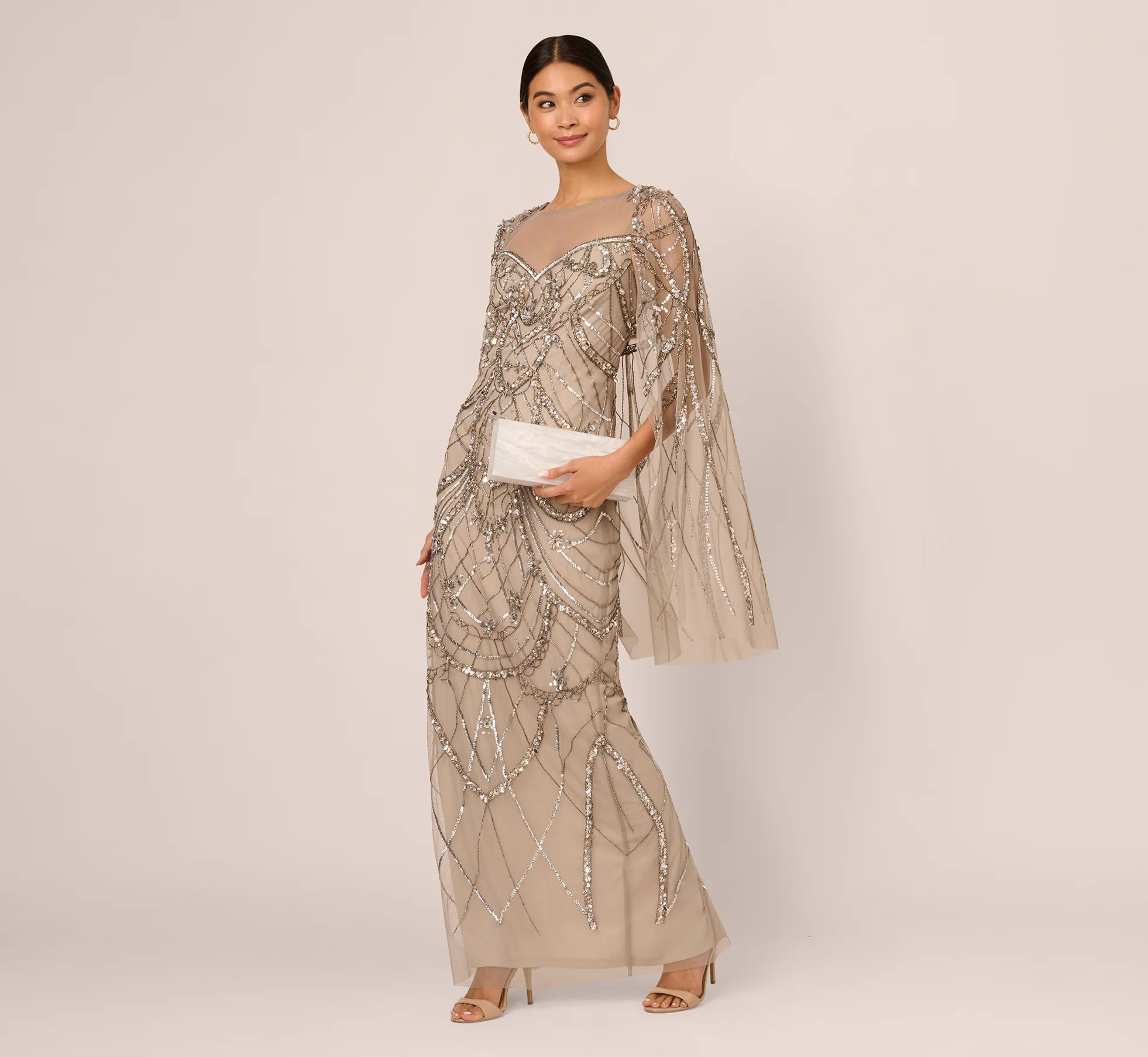 Illusion Beaded Cape Dress In Platinum | Adrianna Papell