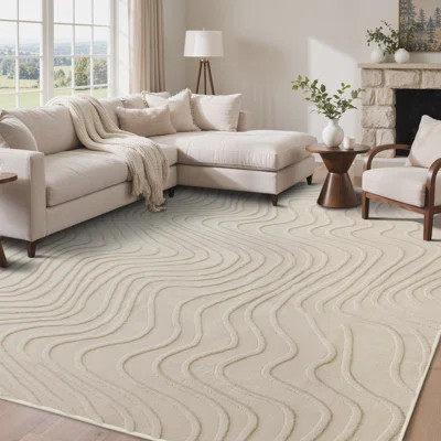 Abstract Modern Wave High-Low Pile Soft Plush Textured Washable Beige Area Rugs with Non-Slip Backing | Wayfair North America