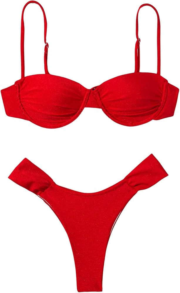 SweatyRocks Women's Two Piece Swimsuit Ruched High Cut Mid Rise Bikini Sets Swimwear | Amazon (US)