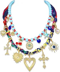 Colorful Scarf Necklace with Heart Cross Charm Necklace Western Country Devil Eye Cherry Starfish... | Amazon (US)