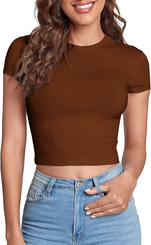 Verdusa Women's Casual Basic Cap Sleeve Slim Fitted Round Neck Crop Tee Top | Amazon (US)