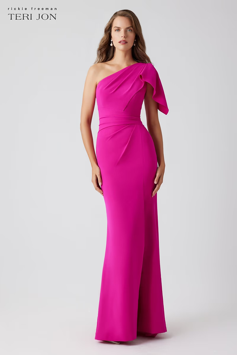 Stretch Crepe One-Shoulder Flounce Sleeve Side Drape Gown | TERI JON