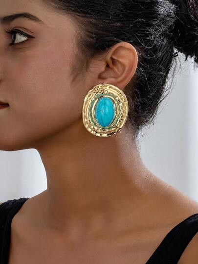 1 Pair Geometric Textured Oval Shape Inlaid Ellipse Pearl Pendant Retro Elegant Earrings For Wome... | SHEIN