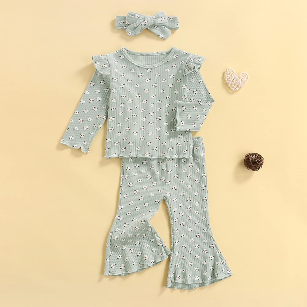 Toddler Baby Girl Spring Fall Ribbed Clothes Set Long Sleeve Floral Pattern T-Shirt Bell-Bottom Pant | Amazon (US)