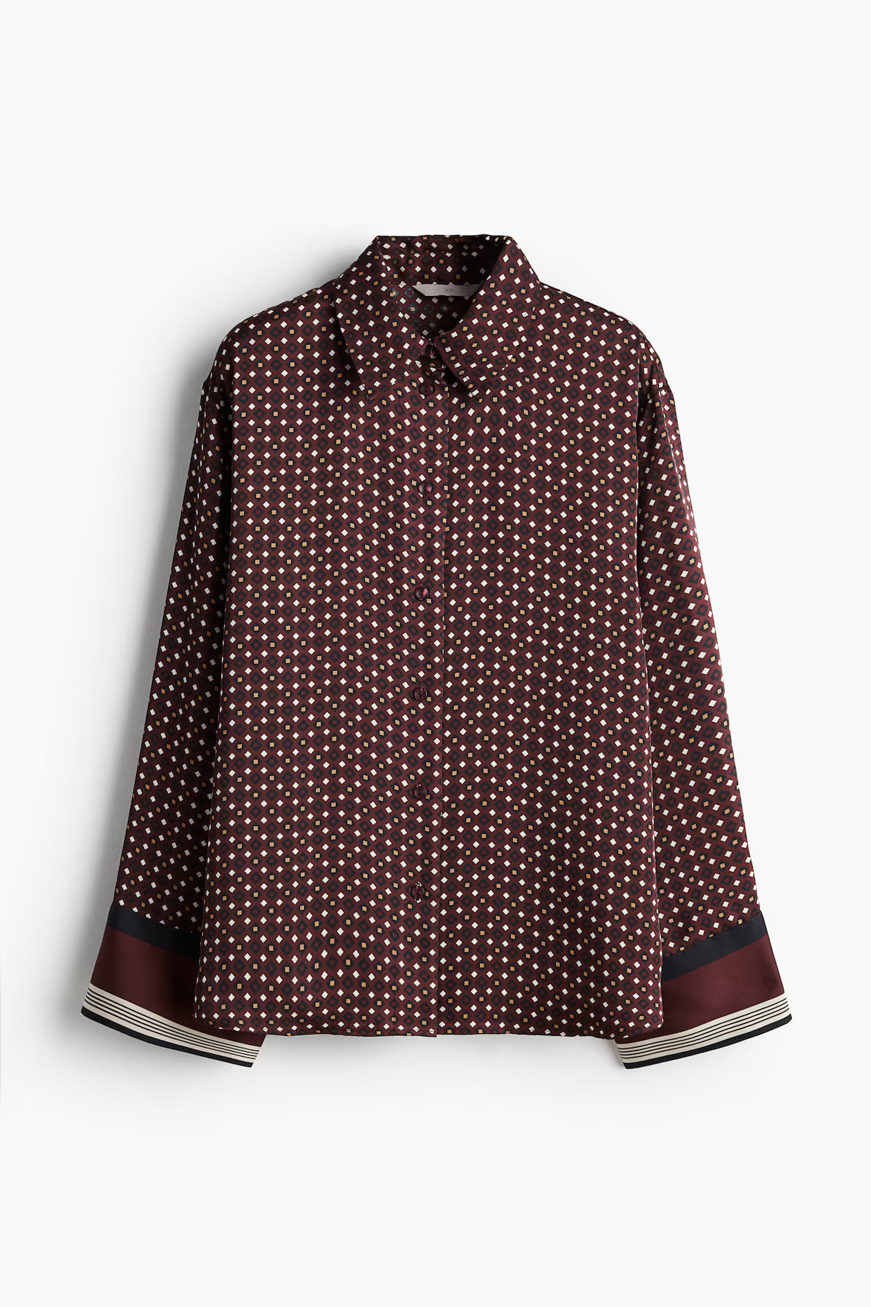 Patterned satin shirt - Long sleeve - Regular length - Burgundy/Patterned - Ladies | H&M GB | H&M (UK, MY, IN, SG, PH, TW, HK)