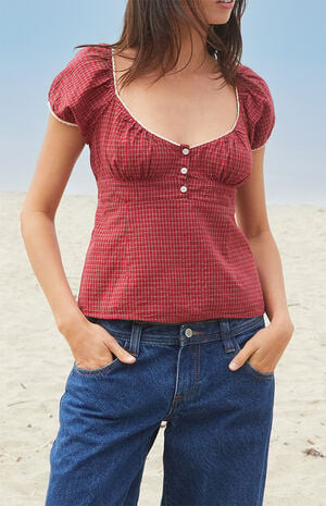 John Galt Burgundy Plaid Blair Short Sleeve Top | PacSun