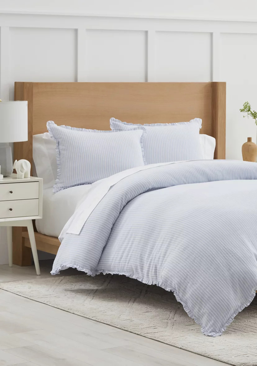 Blue Ruffle Trim Stripe Comforter | Belk