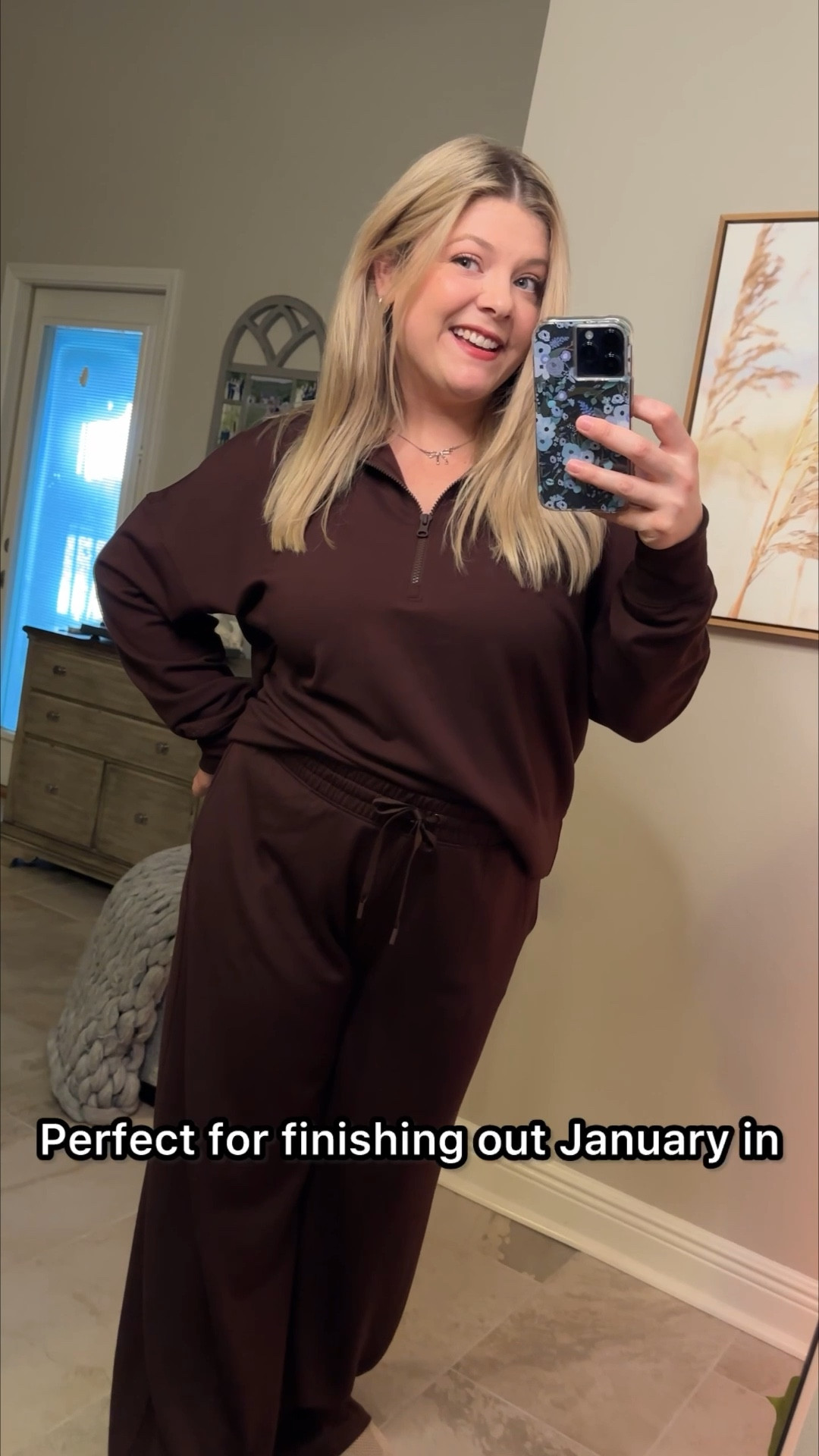 This is the softest material ever! It’s so cozy and I love the color. 
The 1/2 zip is currently on sale! 

DSG so soft 1/2 zip set in Brown Decadence. I’m wearing a large in both. 

#LTKFindsUnder100 #LTKootd #LTKSaleAlert