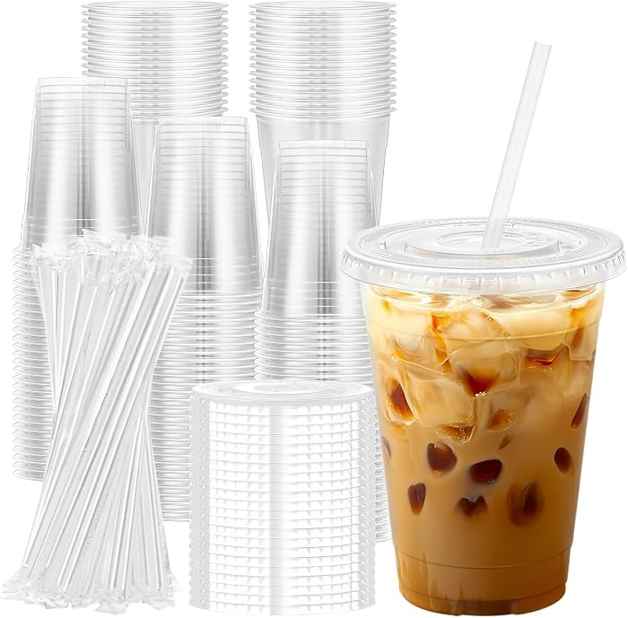 Lamosi 100 Pack 16 oz Clear Plastic Cups with Lids and Straws, Disposable Plastic Coffee Cups wit... | Amazon (US)