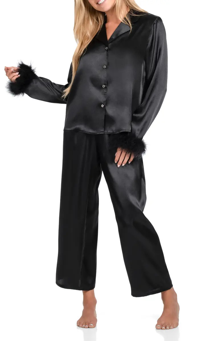 Nayeli Marabou Trim Satin Top & Pants Pajamas | Nordstrom Rack