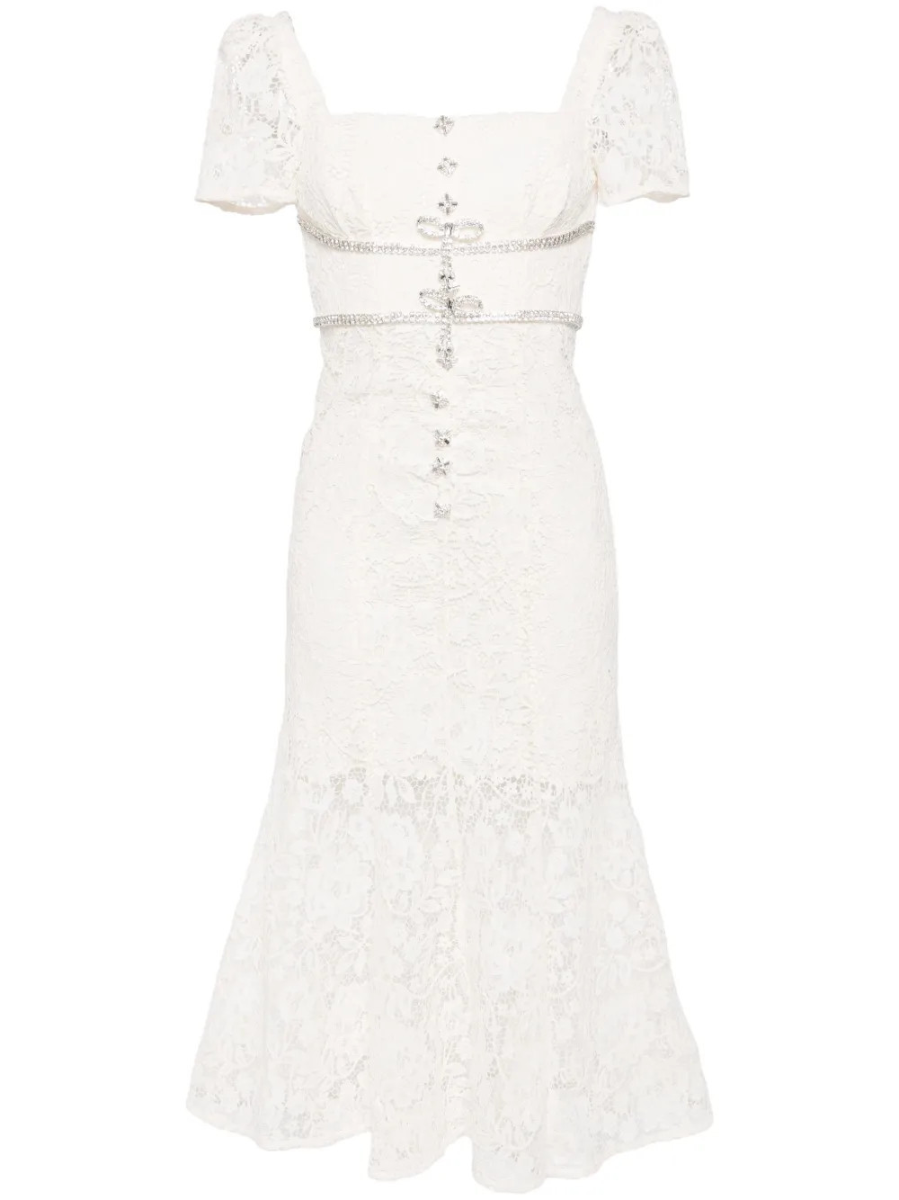 Self-Portrait lace diamante bow midi dress - White | Farfetch Global