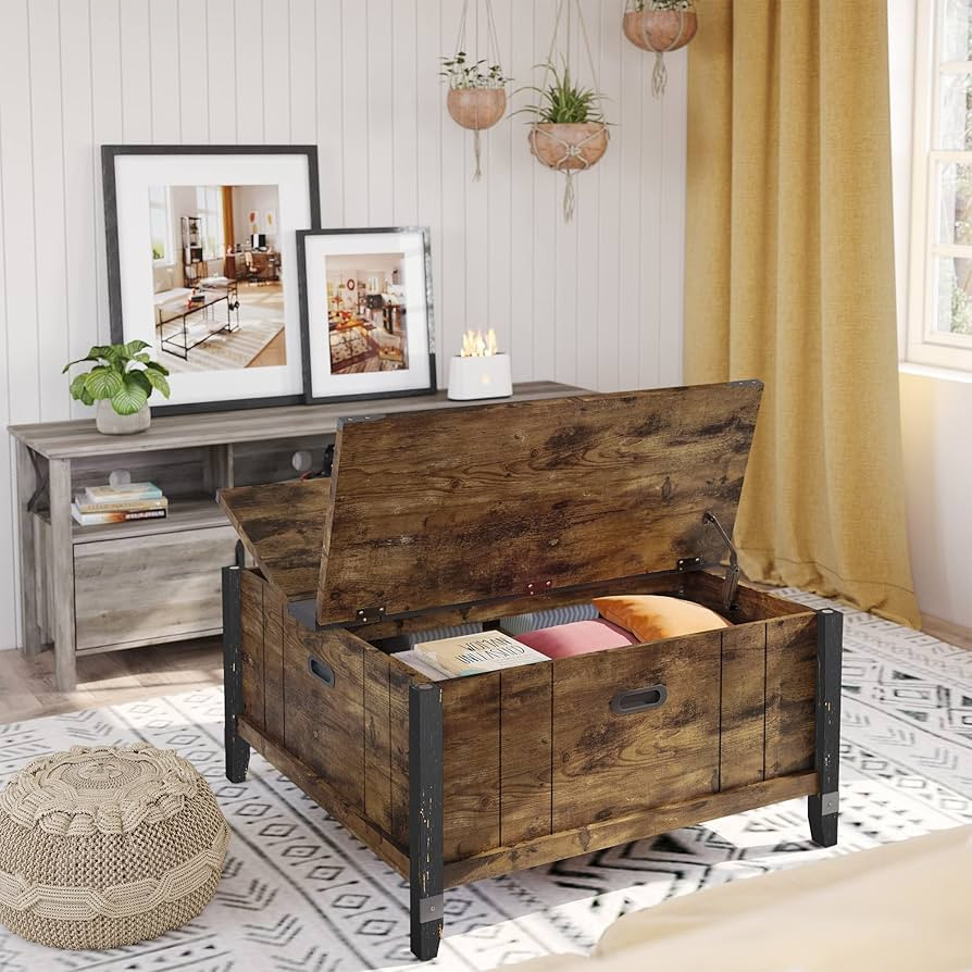 Bestier Farmhouse Coffee Table, Square Wood Center Table with Large Hidden Storage Compartment fo... | Amazon (US)