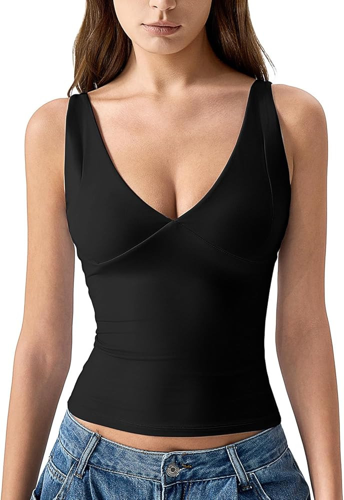 QINSEN Womens Double Lined Tank Tops Sexy V Neck Seamed Cup Adjustable Spaghetti Straps Camisole ... | Amazon (US)