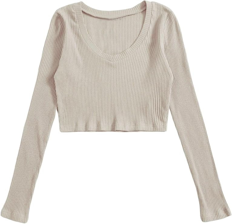 Verdusa Women's Long Sleeve V Neck Rib Knit Crop Tee T Shirt | Amazon (US)