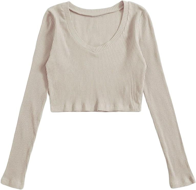 Verdusa Women's Long Sleeve V Neck Rib Knit Crop Tee T Shirt | Amazon (US)