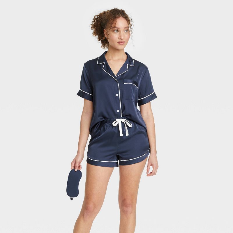 Women's Satin Short Sleeve Notch Collar Top & Shorts Pajama Set - Stars Above™ | Target