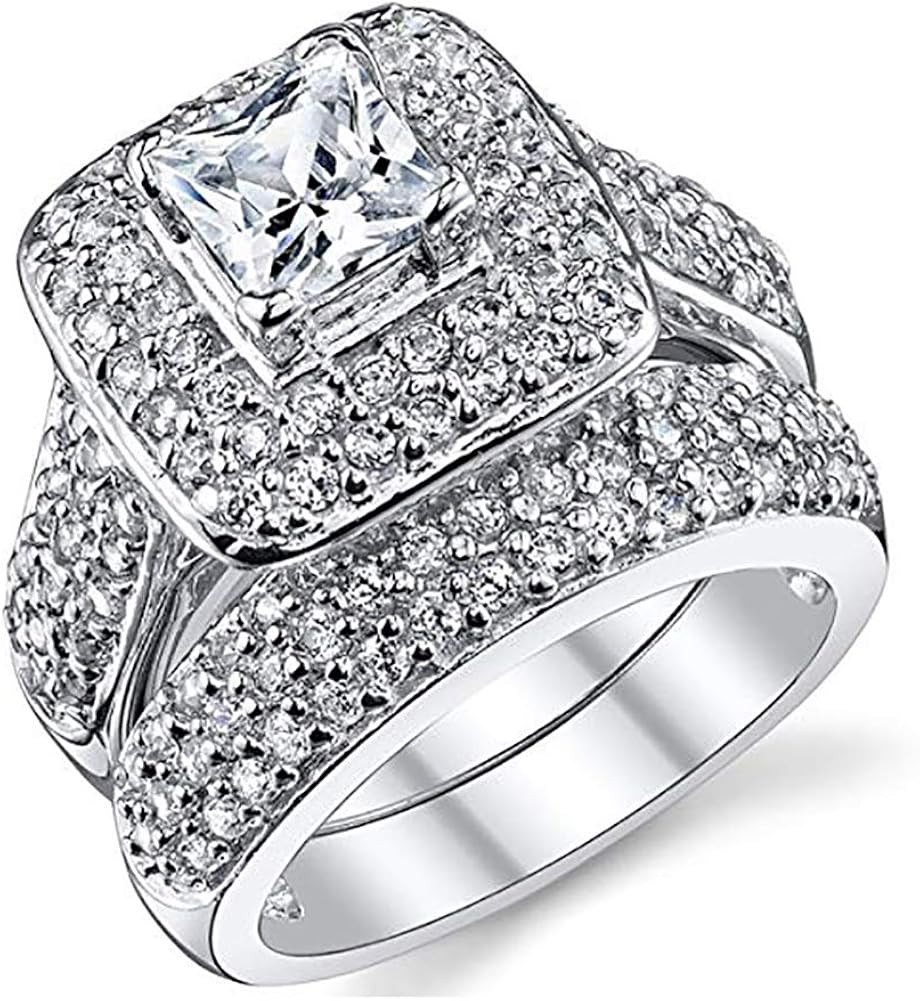 Double Fair Women's Gorgeous Princess Cut Cubic Zirconia Promise Wedding Ring Set Engagement Brid... | Amazon (US)