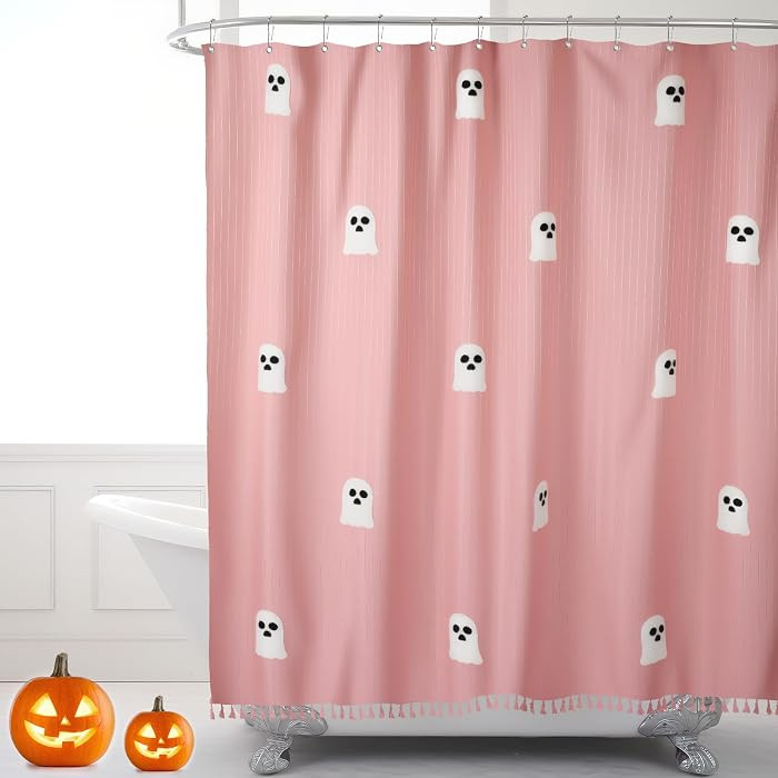 Halloween Ghost Shower Curtain, 72 x 72 Inch Cotton Spooky Cute Pumpkin Bat Shower Curtain with 1... | Amazon (US)