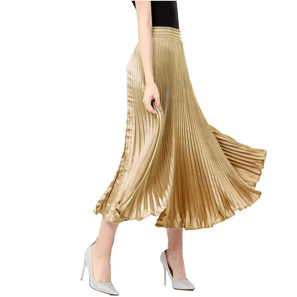 TONCHENGSD Women's Satin Metallic Pleated Accordion Long Maxi Skirt | Amazon (US)