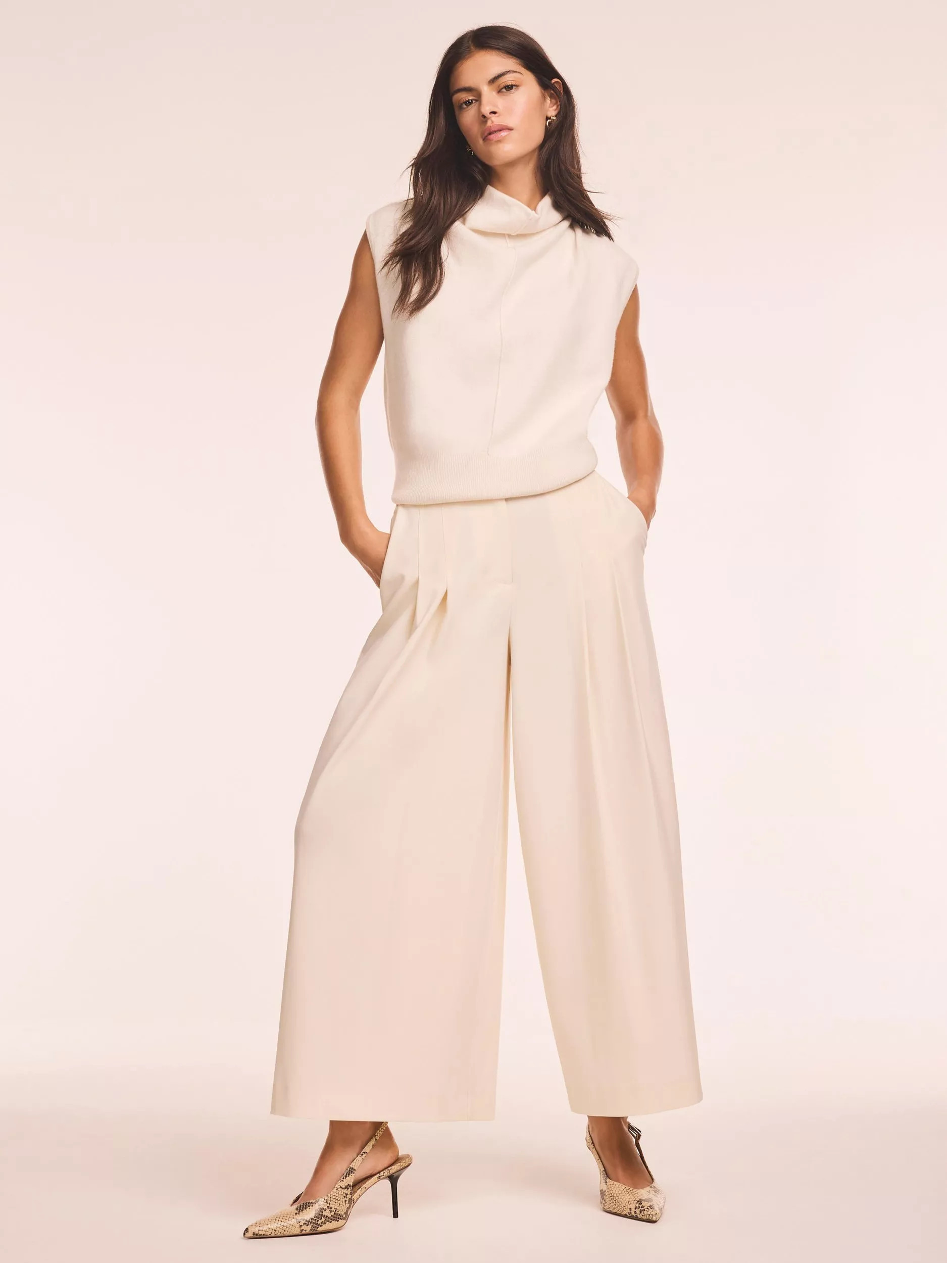 Mint Velvet Pleated Cropped Wide Leg Trousers, Natural Cream | John Lewis (UK)