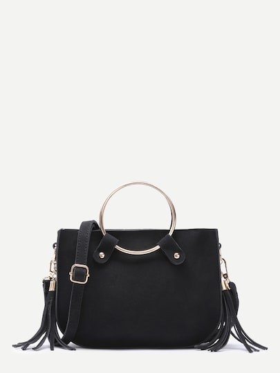 Black Metal Ring Tassel Trim Suede Shoulder Bag -SheIn(Sheinside) | SHEIN