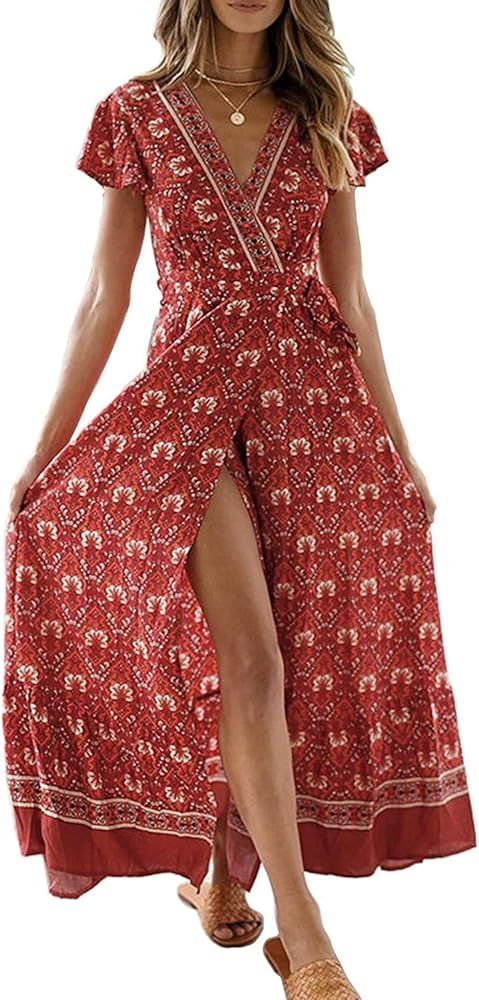Women's Bohemian Floral Printed Wrap V Neck Short Sleeve Split Beach Party Maxi Dress | Amazon (US)