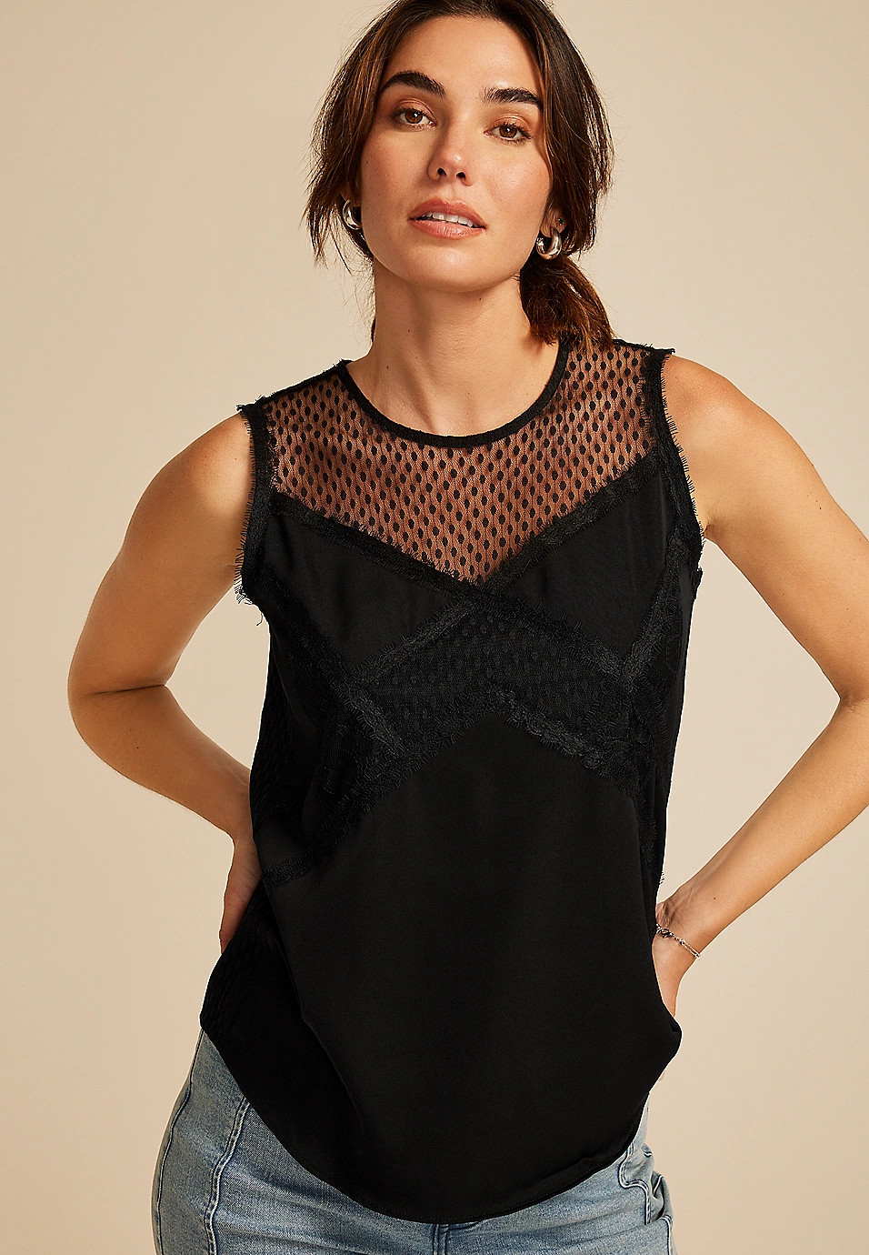 Black Pieced Lace Tank Top | Maurices