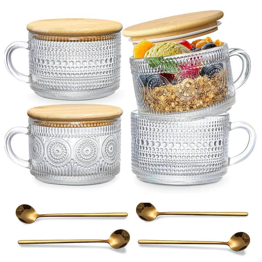4pcs Vintage Glass Coffee Mugs Cups, Overnight Oats Containers Glass Cups Mugs with Bamboo Lids a... | Amazon (US)