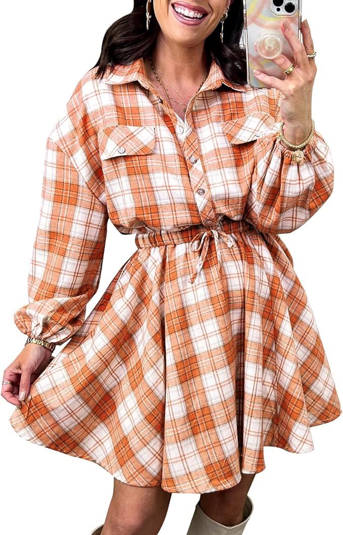 Klousilover Womens Flannel Shirt Dress Fall Casual Button Down Long Sleeve Plaid Mini Dresses | Amazon (US)