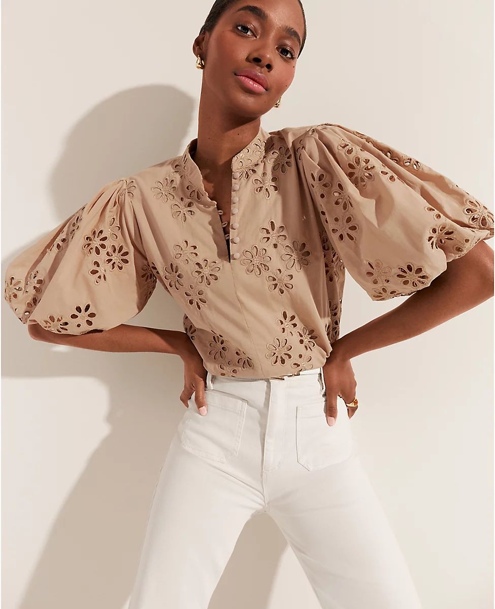 Cotton Eyelet Pleated Sleeve Popover | Ann Taylor (US)
