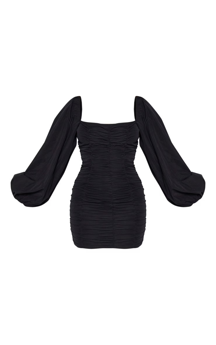 Black Balloon Sleeve Ruched Bodycon Dress | PrettyLittleThing US