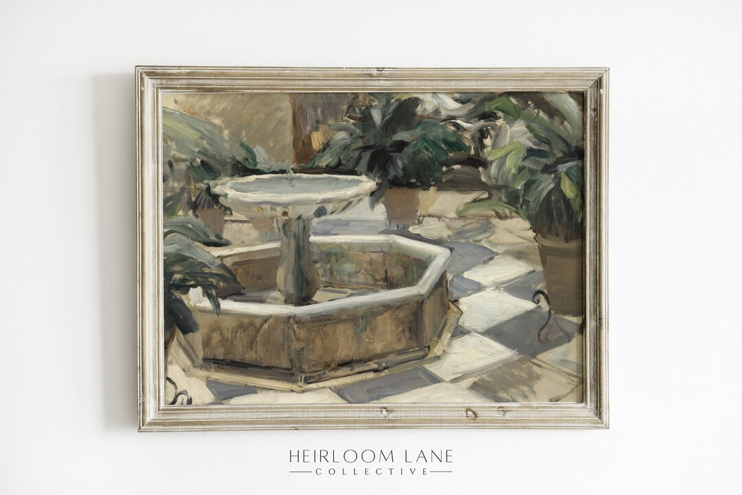 Vintage Tropical Patio Fountain Print Digital Download | Retro Summer Artwork | Summer Cottage Ar... | Etsy (US)