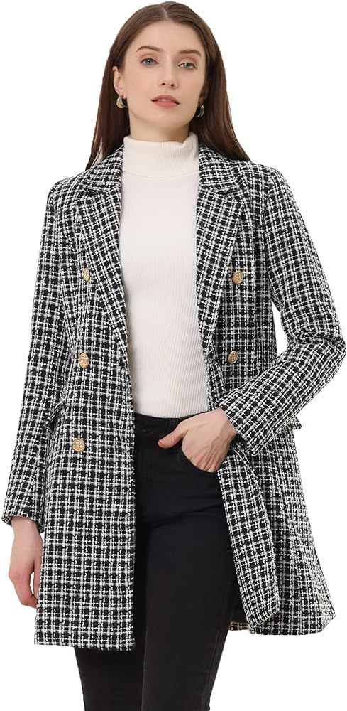 Allegra K Women's Plaid Tweed Coat Elegant Lapel Collar Double Breasted Blazer Outerwear | Amazon (US)
