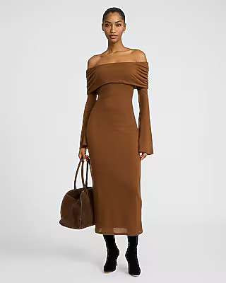 Ribbed Off The Shoulder Long Sleeve Maxi Sweater Dress | Express