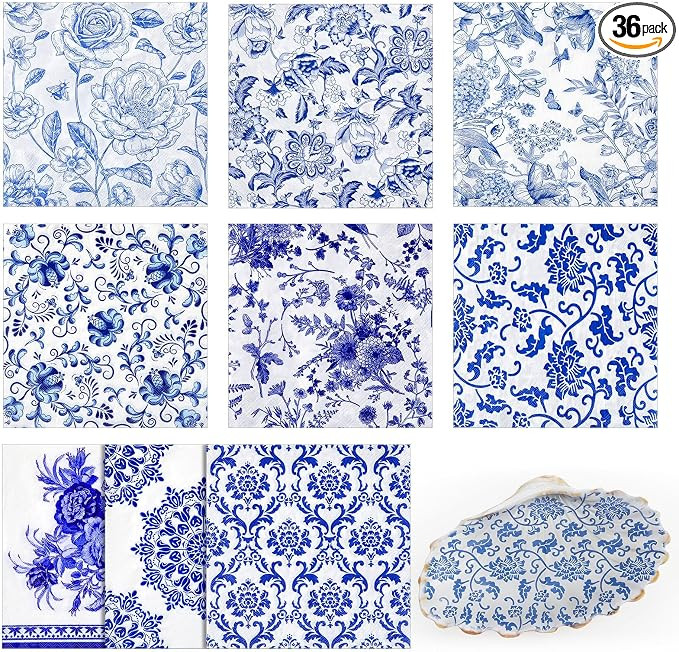 36 Pack 9 Styles Decoupage Napkins Assorted Blue and White Floral Napkins Chinoiserie Decor Decou... | Amazon (US)