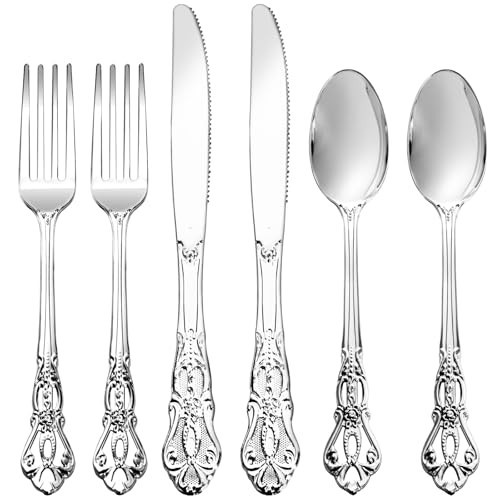 Joyido 300Pieces Silver Plastic Silverware - Heavy Duty Silver Disposable Utensils - Vintage Plastic Cutlery Set Includes 100 Forks, 100 Spoons, 100 Knives for Dinner Parties Weddings | Amazon (US)