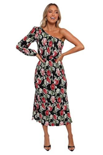 Petal & Pup Women's Pontee One Shoulder Pleated Midi Dress, Black Rose Print | Amazon (US)