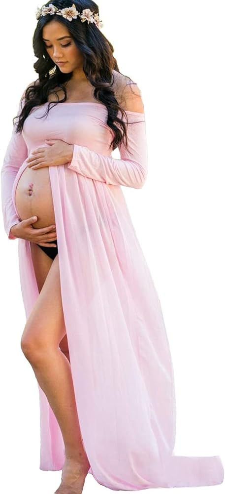 YnimioAOX Women's Off Shoulder Long Sleeve Maternity Dress for Photography Chiffon Maternity Gown... | Amazon (US)