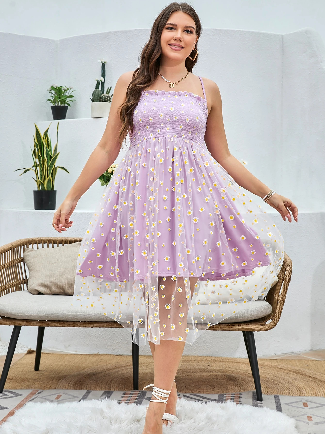 Plus Floral Print Shirred Frill Trim Mesh Cami Dress | SHEIN